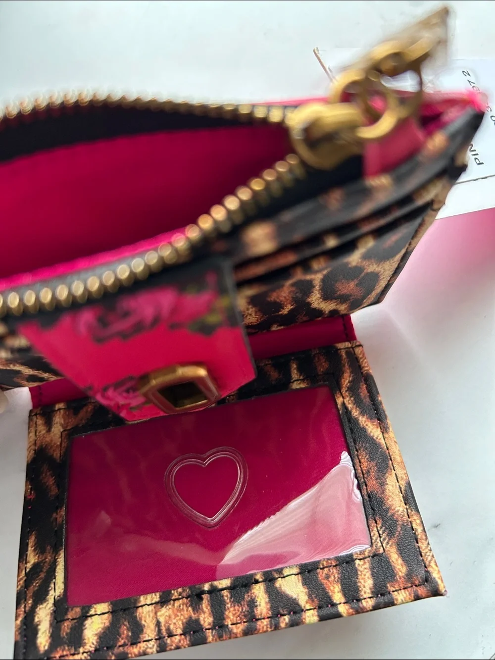 Betsey Johnson Hot Pink Floral & Leopard Trim Card Wallet with Turn-Lock